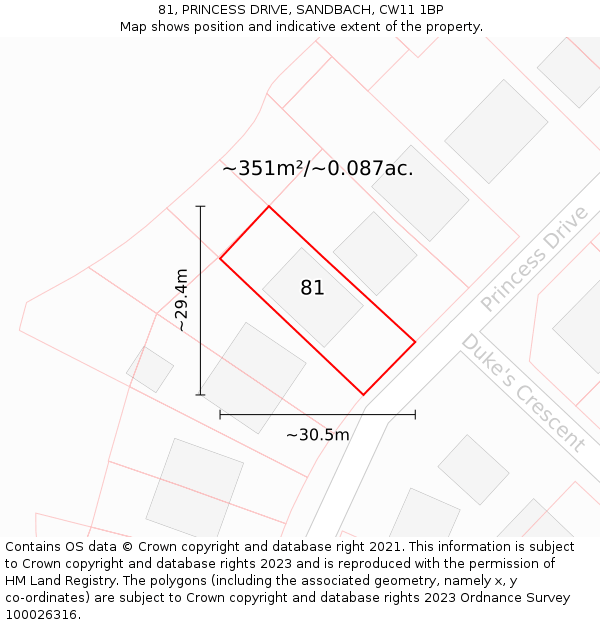 81, PRINCESS DRIVE, SANDBACH, CW11 1BP: Plot and title map