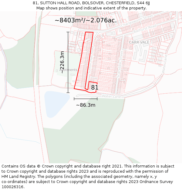 81, SUTTON HALL ROAD, BOLSOVER, CHESTERFIELD, S44 6JJ: Plot and title map