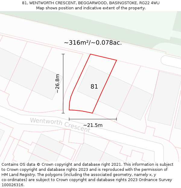 81, WENTWORTH CRESCENT, BEGGARWOOD, BASINGSTOKE, RG22 4WU: Plot and title map