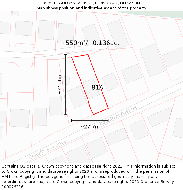 81A, BEAUFOYS AVENUE, FERNDOWN, BH22 9RN: Plot and title map