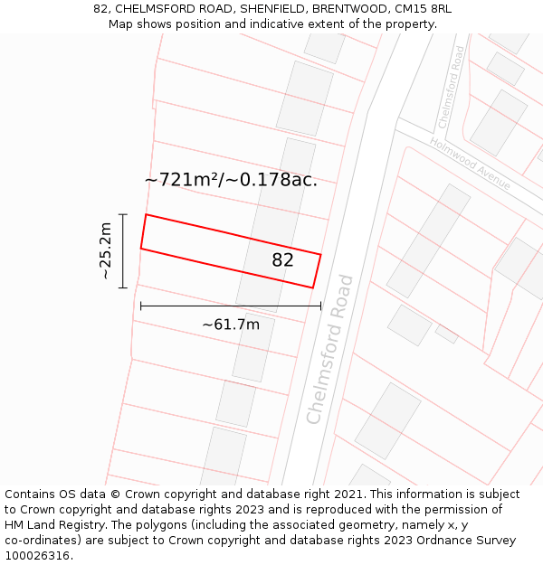 82, CHELMSFORD ROAD, SHENFIELD, BRENTWOOD, CM15 8RL: Plot and title map