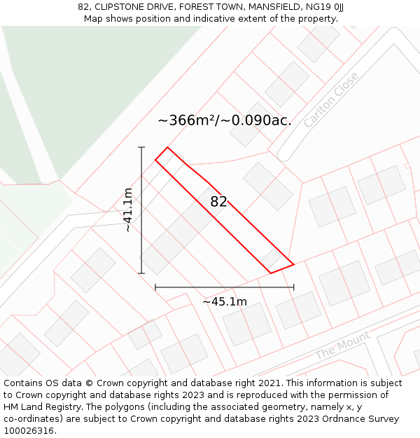 82, CLIPSTONE DRIVE, FOREST TOWN, MANSFIELD, NG19 0JJ: Plot and title map