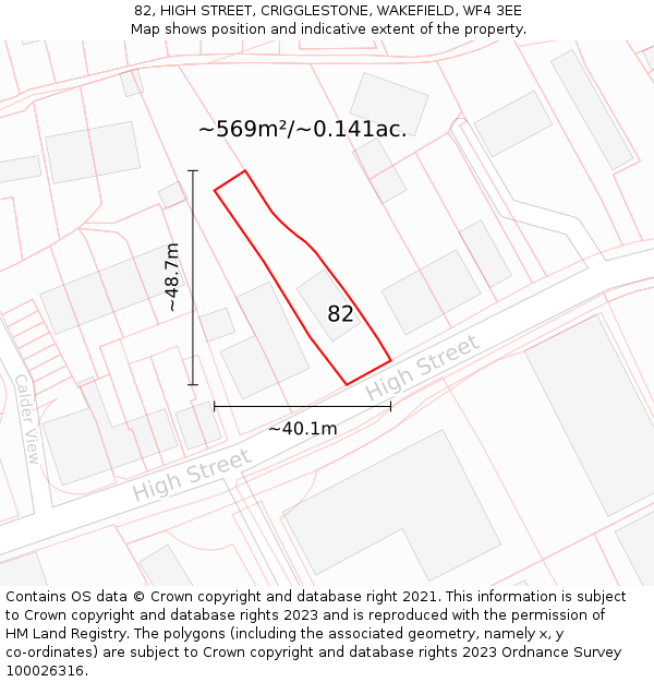 82, HIGH STREET, CRIGGLESTONE, WAKEFIELD, WF4 3EE: Plot and title map