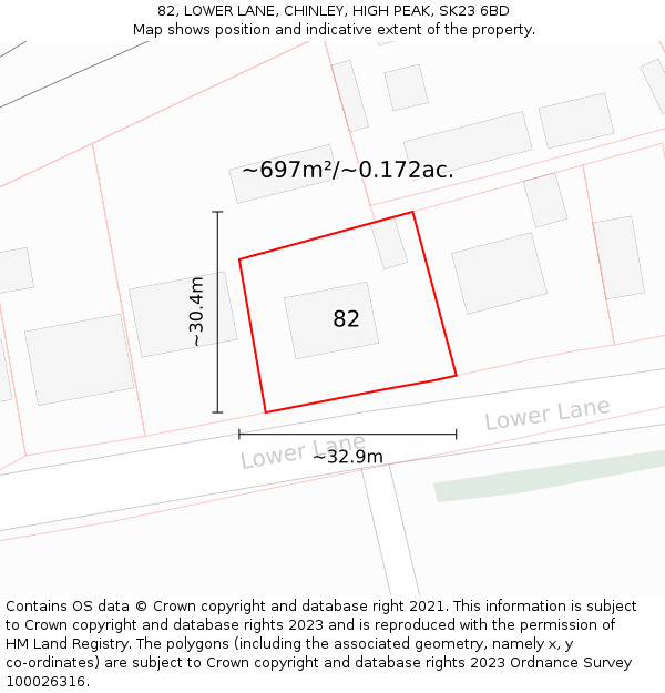 82, LOWER LANE, CHINLEY, HIGH PEAK, SK23 6BD: Plot and title map