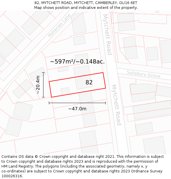 82, MYTCHETT ROAD, MYTCHETT, CAMBERLEY, GU16 6ET: Plot and title map