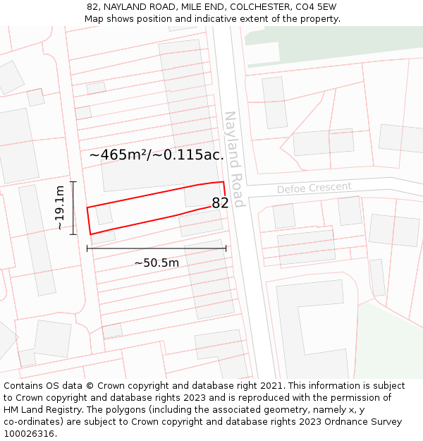 82, NAYLAND ROAD, MILE END, COLCHESTER, CO4 5EW: Plot and title map