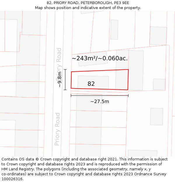 82, PRIORY ROAD, PETERBOROUGH, PE3 9EE: Plot and title map