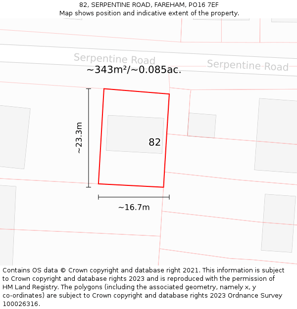 82, SERPENTINE ROAD, FAREHAM, PO16 7EF: Plot and title map