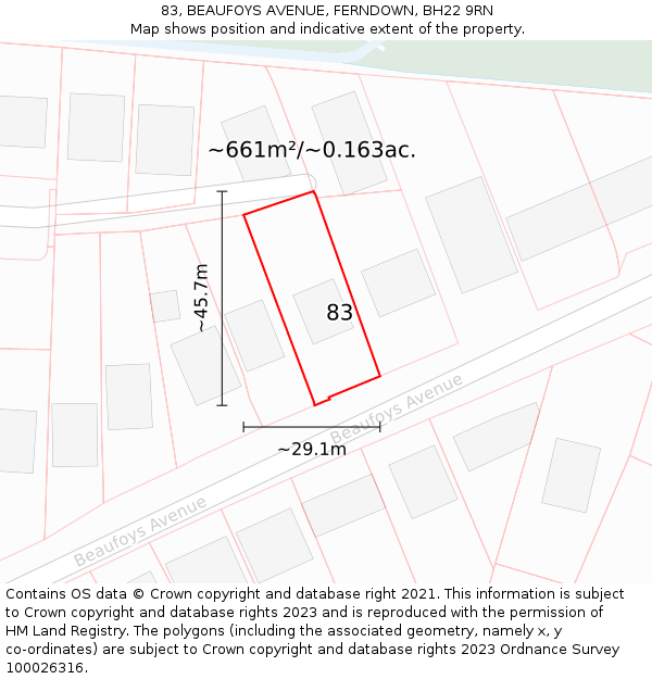 83, BEAUFOYS AVENUE, FERNDOWN, BH22 9RN: Plot and title map