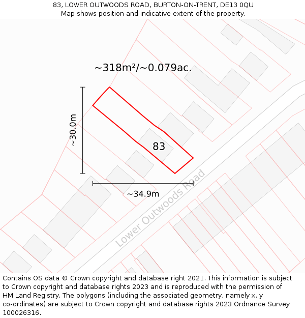 83, LOWER OUTWOODS ROAD, BURTON-ON-TRENT, DE13 0QU: Plot and title map