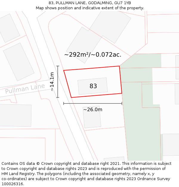 83, PULLMAN LANE, GODALMING, GU7 1YB: Plot and title map