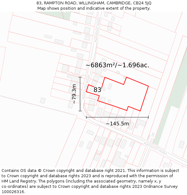 83, RAMPTON ROAD, WILLINGHAM, CAMBRIDGE, CB24 5JQ: Plot and title map