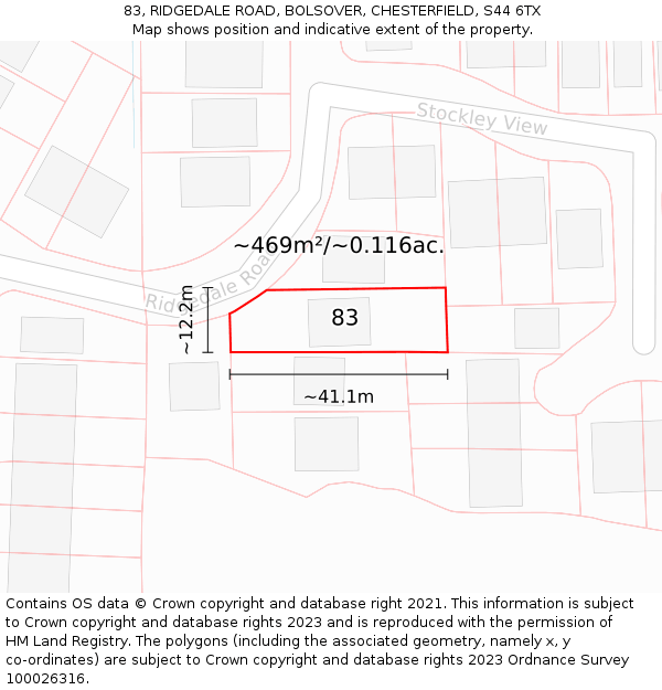 83, RIDGEDALE ROAD, BOLSOVER, CHESTERFIELD, S44 6TX: Plot and title map