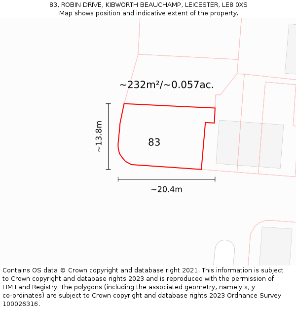 83, ROBIN DRIVE, KIBWORTH BEAUCHAMP, LEICESTER, LE8 0XS: Plot and title map