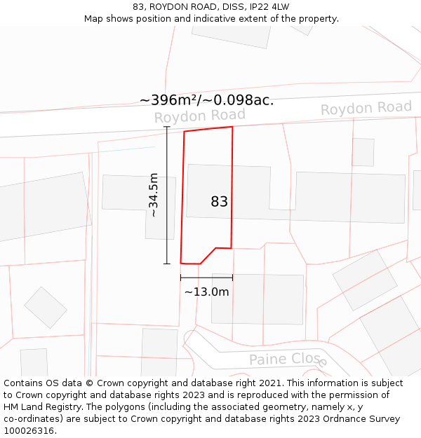 83, ROYDON ROAD, DISS, IP22 4LW: Plot and title map