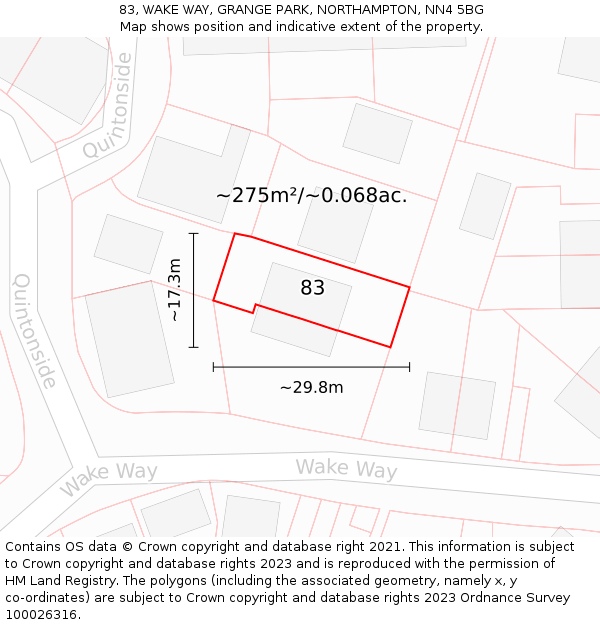 83, WAKE WAY, GRANGE PARK, NORTHAMPTON, NN4 5BG: Plot and title map