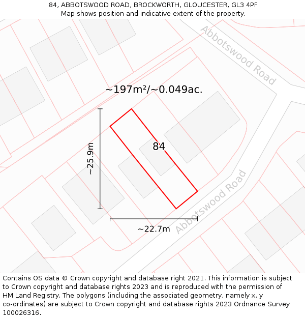 84, ABBOTSWOOD ROAD, BROCKWORTH, GLOUCESTER, GL3 4PF: Plot and title map