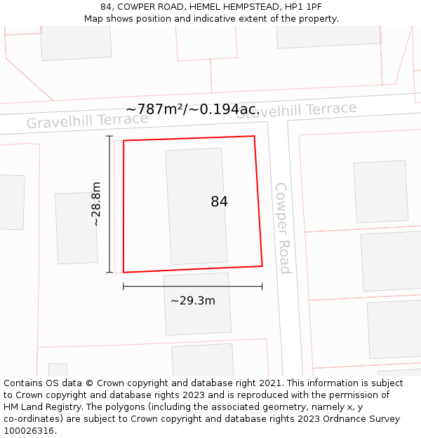 84, COWPER ROAD, HEMEL HEMPSTEAD, HP1 1PF: Plot and title map