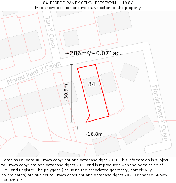 84, FFORDD PANT Y CELYN, PRESTATYN, LL19 8YJ: Plot and title map