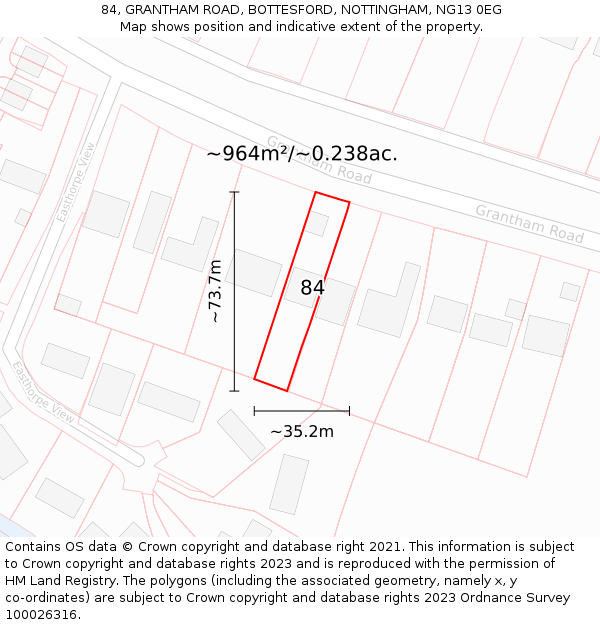 84, GRANTHAM ROAD, BOTTESFORD, NOTTINGHAM, NG13 0EG: Plot and title map