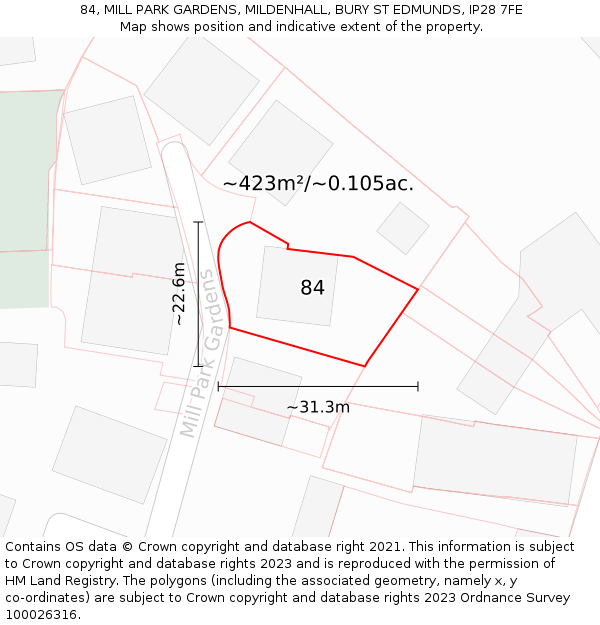 84, MILL PARK GARDENS, MILDENHALL, BURY ST EDMUNDS, IP28 7FE: Plot and title map