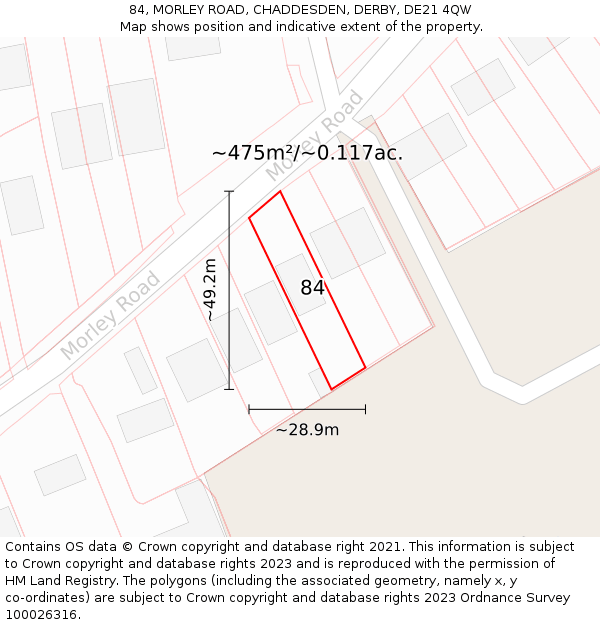 84, MORLEY ROAD, CHADDESDEN, DERBY, DE21 4QW: Plot and title map