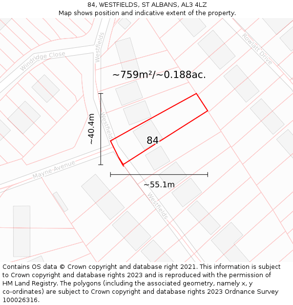 84, WESTFIELDS, ST ALBANS, AL3 4LZ: Plot and title map