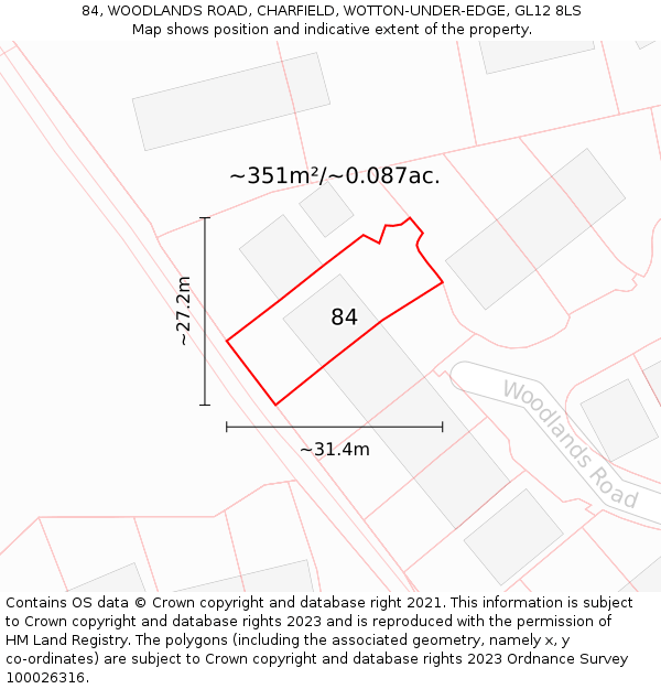 84, WOODLANDS ROAD, CHARFIELD, WOTTON-UNDER-EDGE, GL12 8LS: Plot and title map