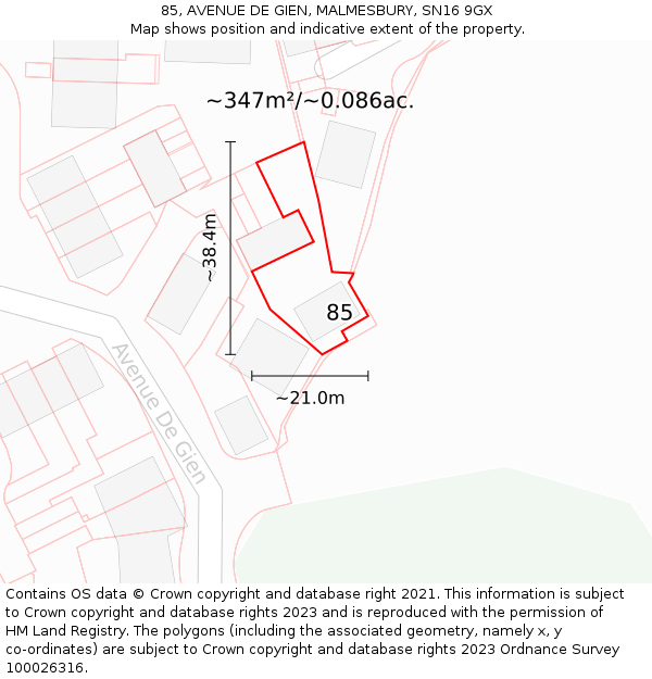 85, AVENUE DE GIEN, MALMESBURY, SN16 9GX: Plot and title map