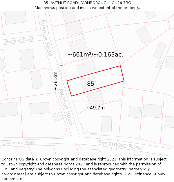 85, AVENUE ROAD, FARNBOROUGH, GU14 7BG: Plot and title map