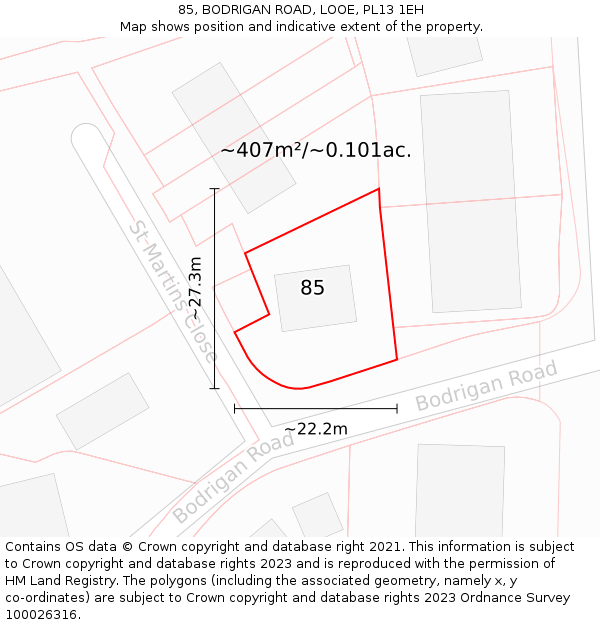 85, BODRIGAN ROAD, LOOE, PL13 1EH: Plot and title map