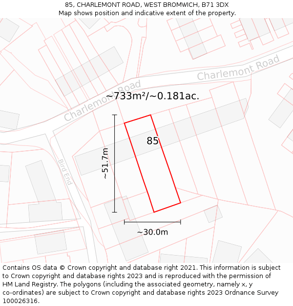 85, CHARLEMONT ROAD, WEST BROMWICH, B71 3DX: Plot and title map