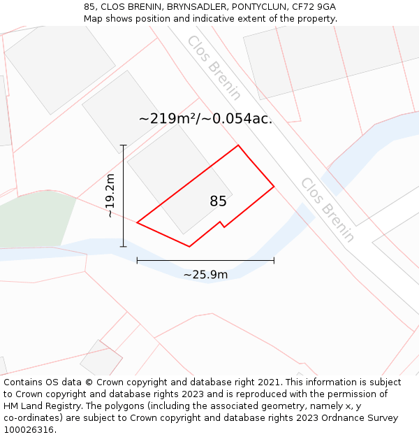 85, CLOS BRENIN, BRYNSADLER, PONTYCLUN, CF72 9GA: Plot and title map