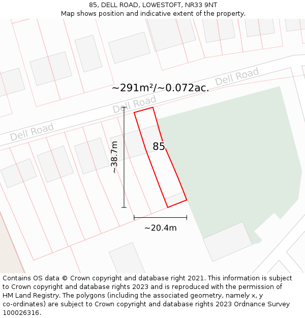 85, DELL ROAD, LOWESTOFT, NR33 9NT: Plot and title map