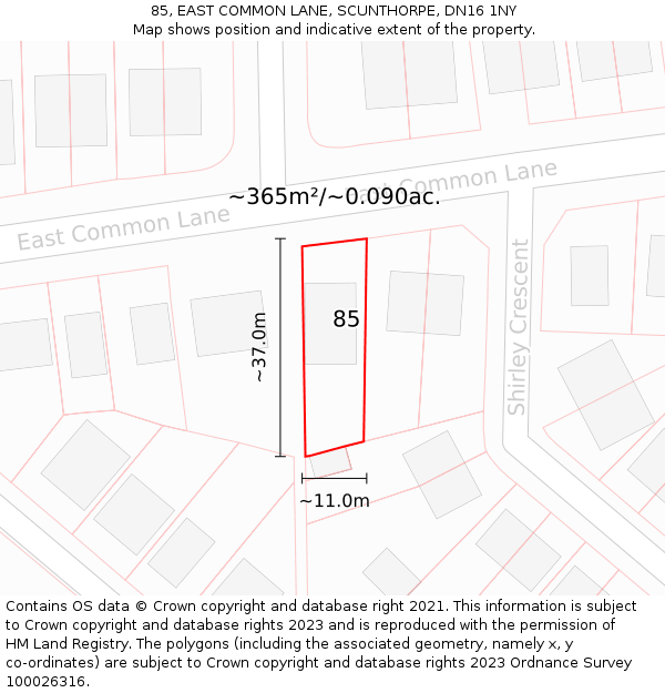 85, EAST COMMON LANE, SCUNTHORPE, DN16 1NY: Plot and title map