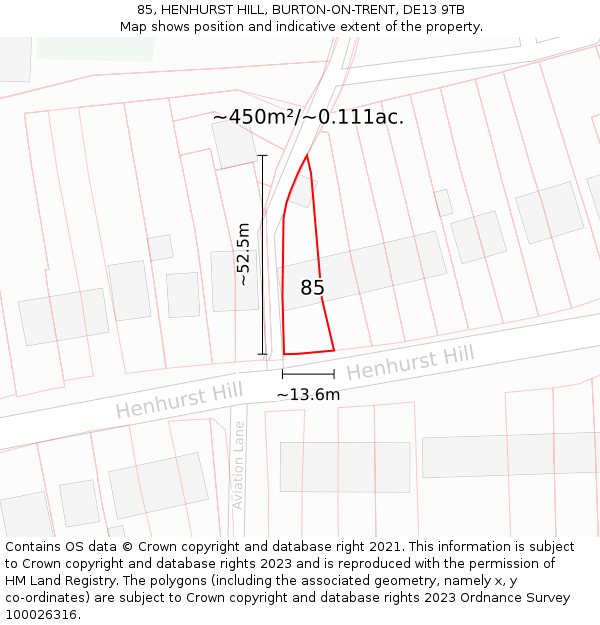 85, HENHURST HILL, BURTON-ON-TRENT, DE13 9TB: Plot and title map