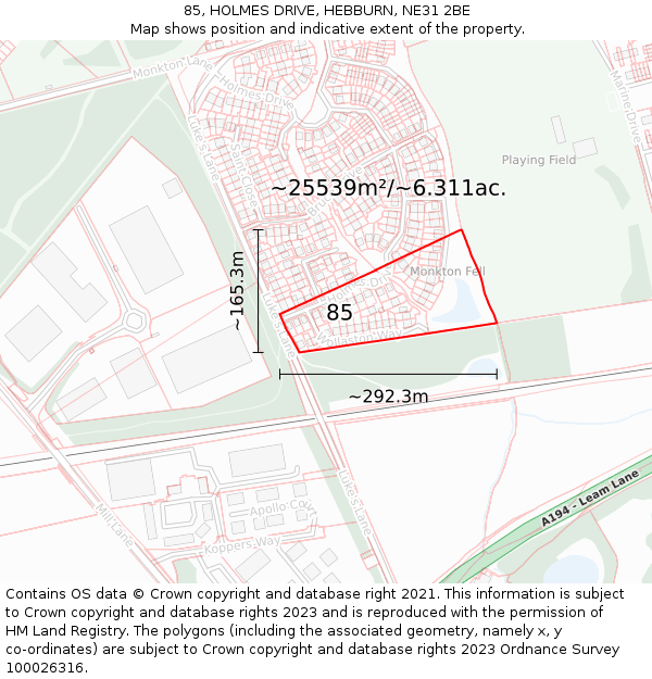 85, HOLMES DRIVE, HEBBURN, NE31 2BE: Plot and title map