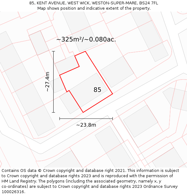 85, KENT AVENUE, WEST WICK, WESTON-SUPER-MARE, BS24 7FL: Plot and title map