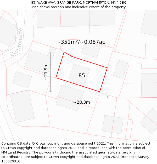 85, WAKE WAY, GRANGE PARK, NORTHAMPTON, NN4 5BG: Plot and title map