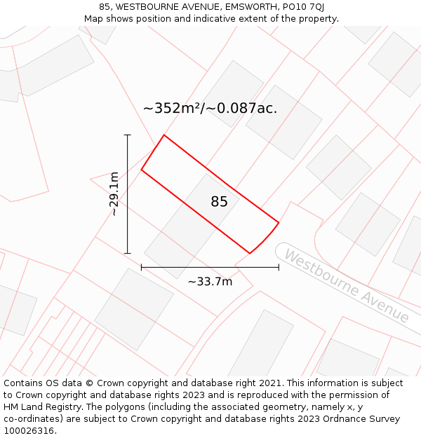 85, WESTBOURNE AVENUE, EMSWORTH, PO10 7QJ: Plot and title map