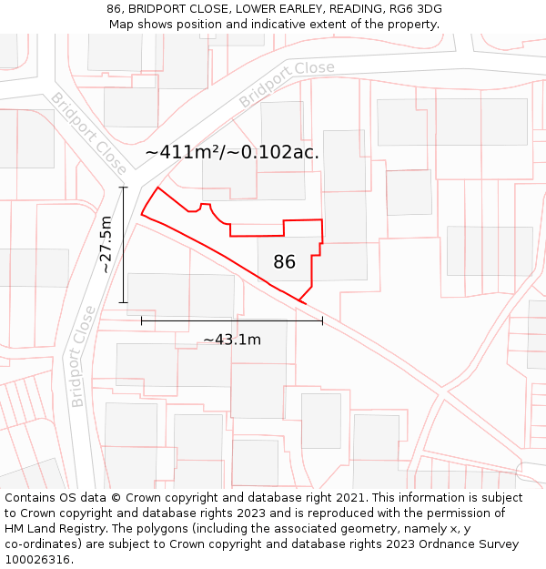 86, BRIDPORT CLOSE, LOWER EARLEY, READING, RG6 3DG: Plot and title map
