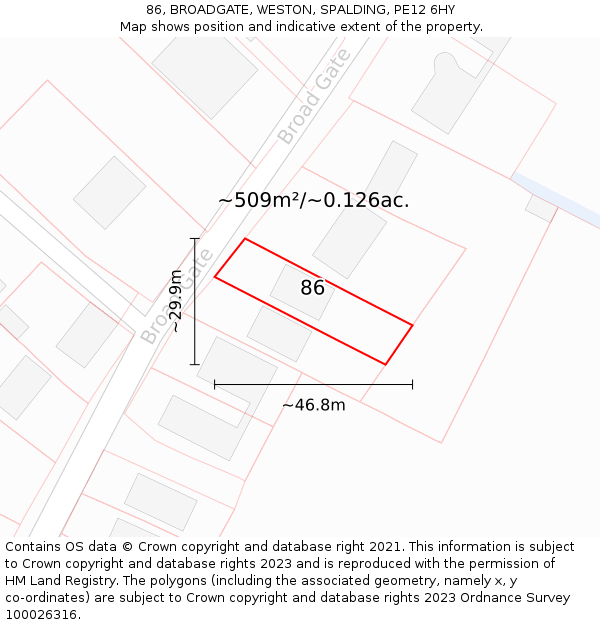 86, BROADGATE, WESTON, SPALDING, PE12 6HY: Plot and title map