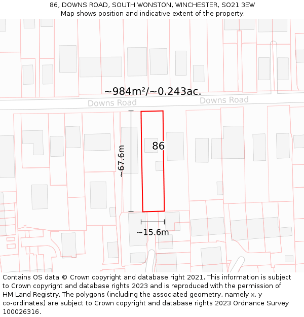 86, DOWNS ROAD, SOUTH WONSTON, WINCHESTER, SO21 3EW: Plot and title map