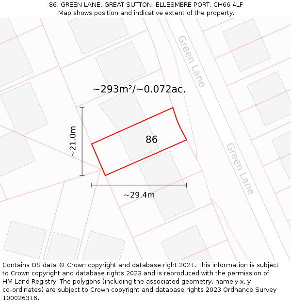 86, GREEN LANE, GREAT SUTTON, ELLESMERE PORT, CH66 4LF: Plot and title map