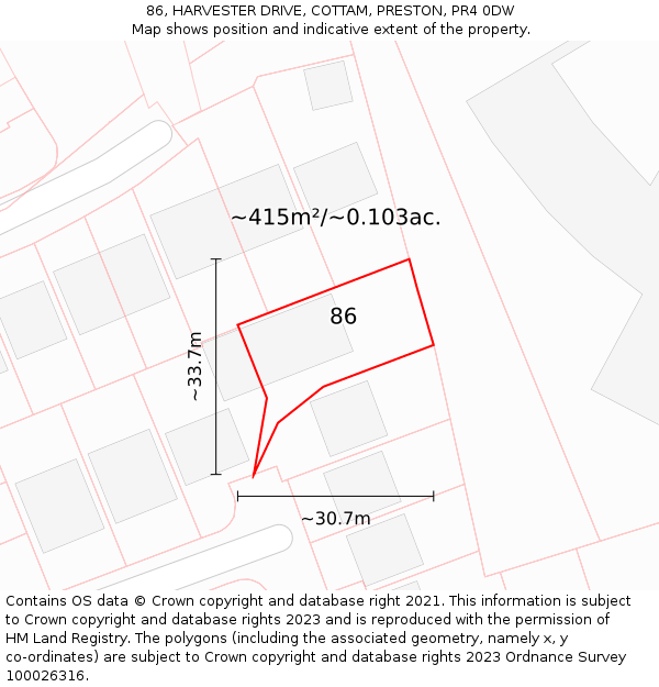 86, HARVESTER DRIVE, COTTAM, PRESTON, PR4 0DW: Plot and title map