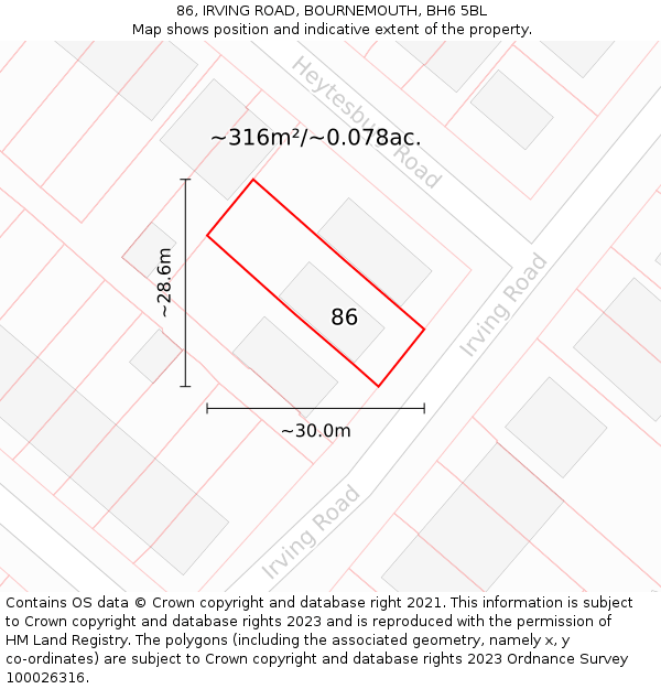 86, IRVING ROAD, BOURNEMOUTH, BH6 5BL: Plot and title map