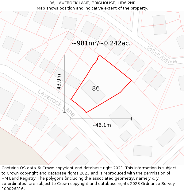 86, LAVEROCK LANE, BRIGHOUSE, HD6 2NP: Plot and title map