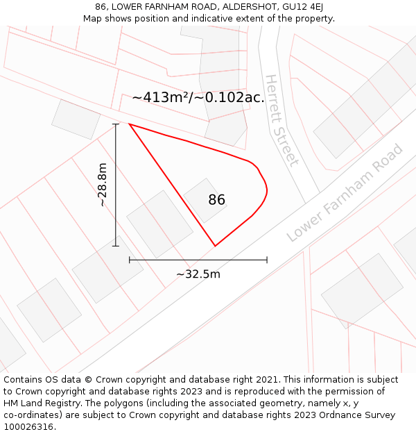 86, LOWER FARNHAM ROAD, ALDERSHOT, GU12 4EJ: Plot and title map