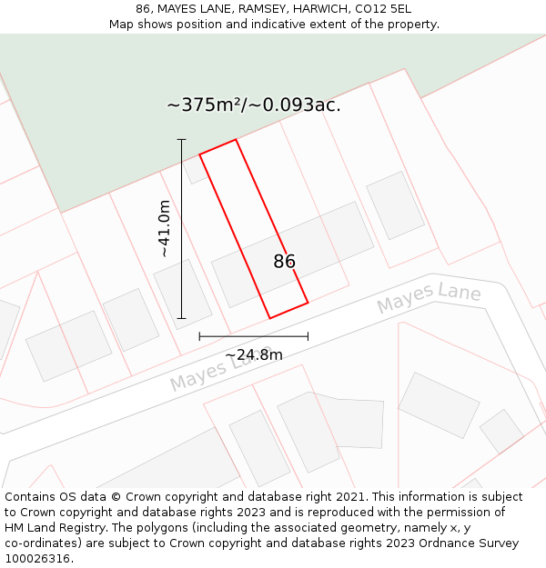 86, MAYES LANE, RAMSEY, HARWICH, CO12 5EL: Plot and title map