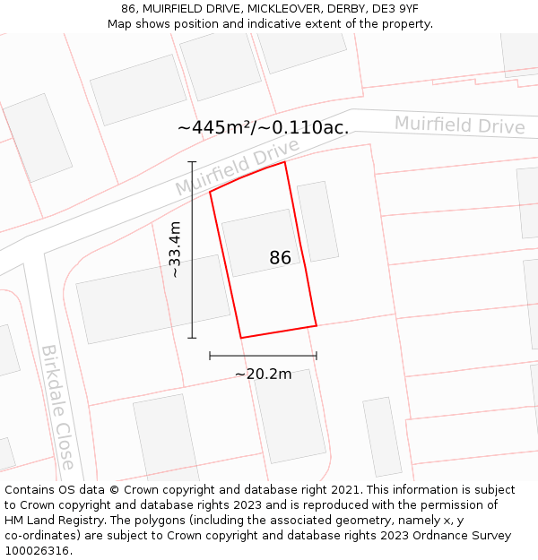 86, MUIRFIELD DRIVE, MICKLEOVER, DERBY, DE3 9YF: Plot and title map